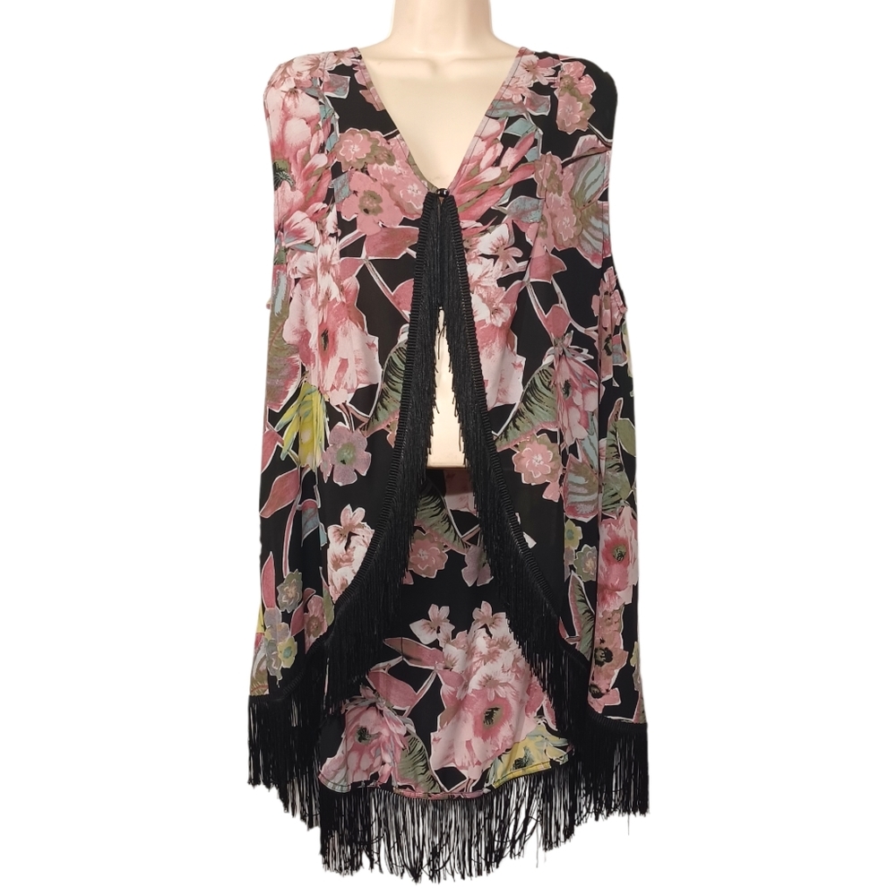 KATE & MALLORY Pink Floral Print Black Fringe Open Sleeveless Shawl X-Large